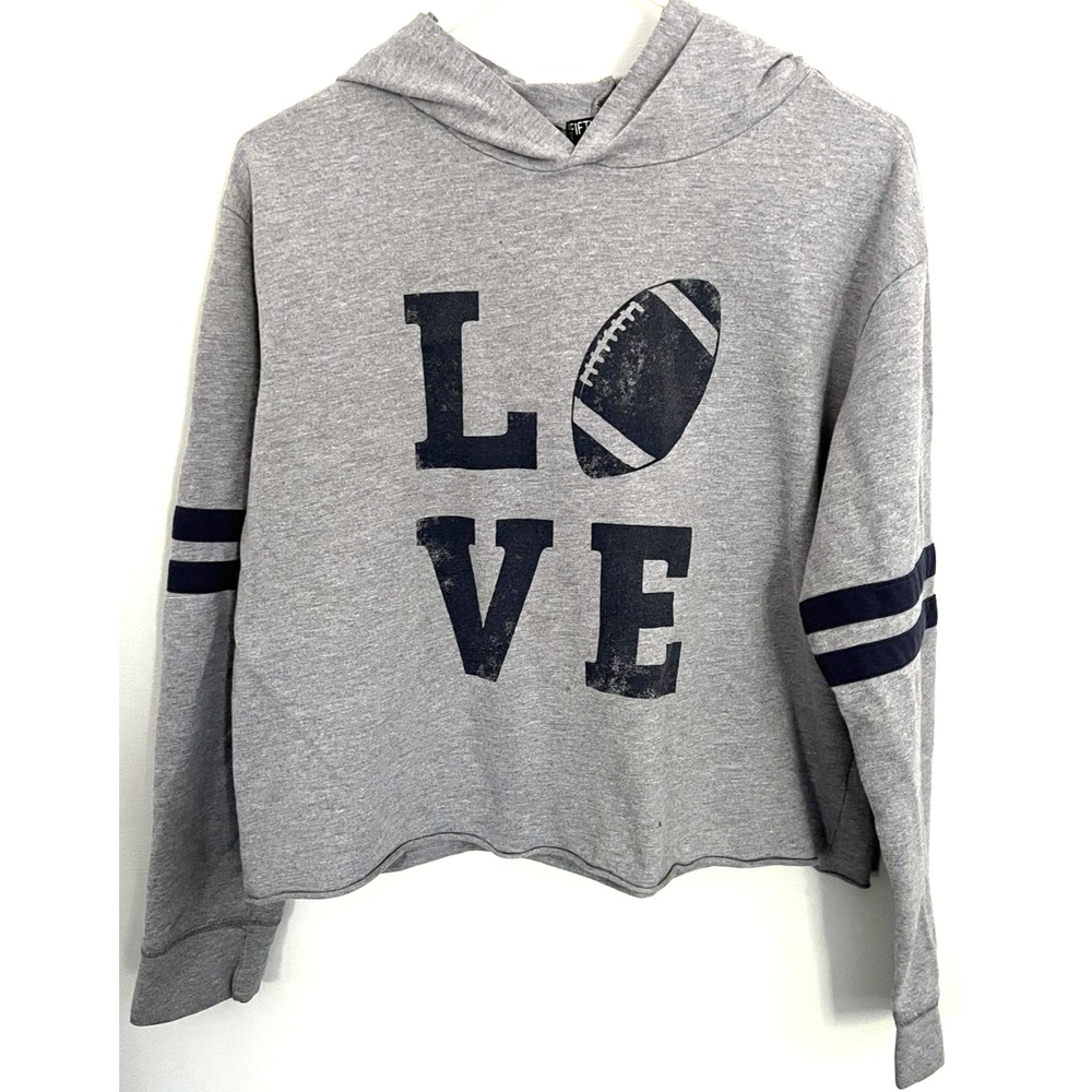 Fifth Sun Hoodie Womens Large Gray Cropped Football LOVE Graphic Pullover Top